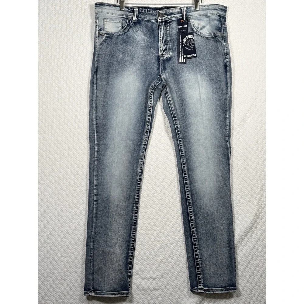 Blue Cult Tech Denim Mens Thick Stitch Jeans Fits 39x33 NWT (Tag 36) Bikercore